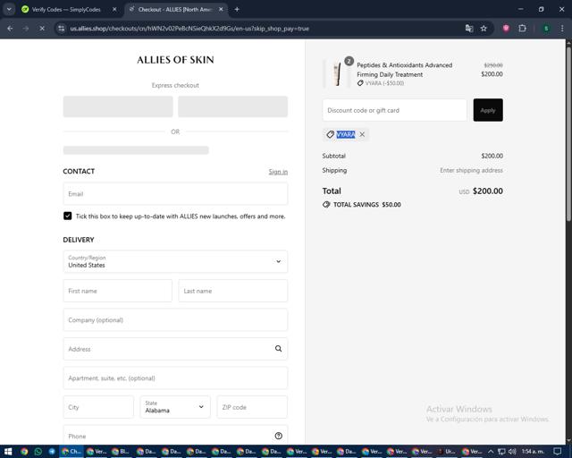 Allies of Skin checkout page showing Allies of Skin promo code box | Screenshot taken by SimplyCodes community member on Sep 13, 2025