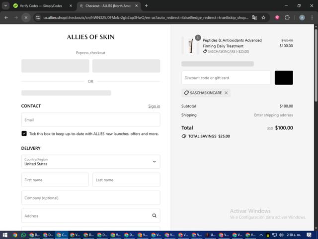 Allies of Skin checkout page showing Allies of Skin promo code box | Screenshot taken by SimplyCodes community member on Sep 16, 2025