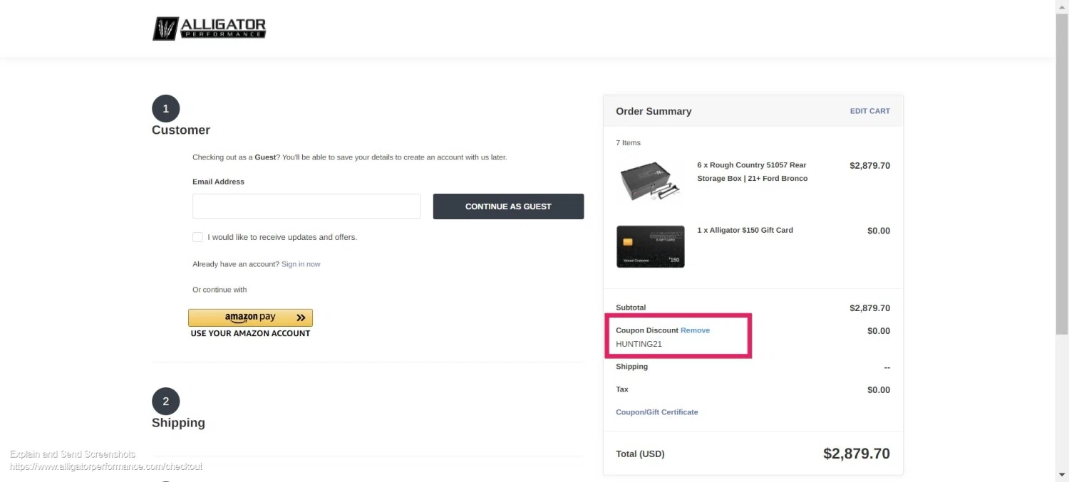 where to use Alligator Performance promo code box