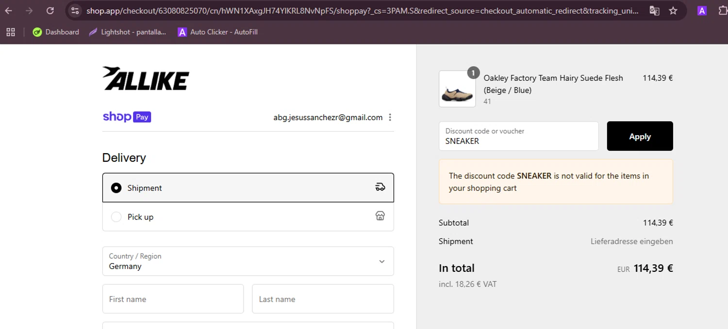 Allike Store discount code screenshot showing code SNEAKER applied at Allike Store checkout page. Uploaded by SimplyCodes community member RebateFalcon3172 on Aug 7, 2025