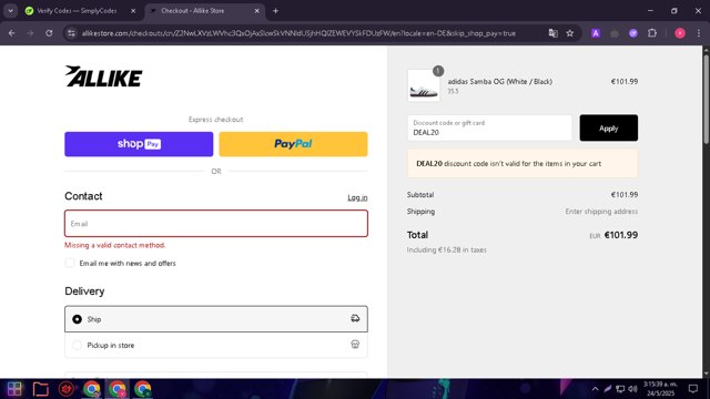 Allike Store checkout page showing Allike Store discount code box | Screenshot taken by SimplyCodes community member on May 24, 2025