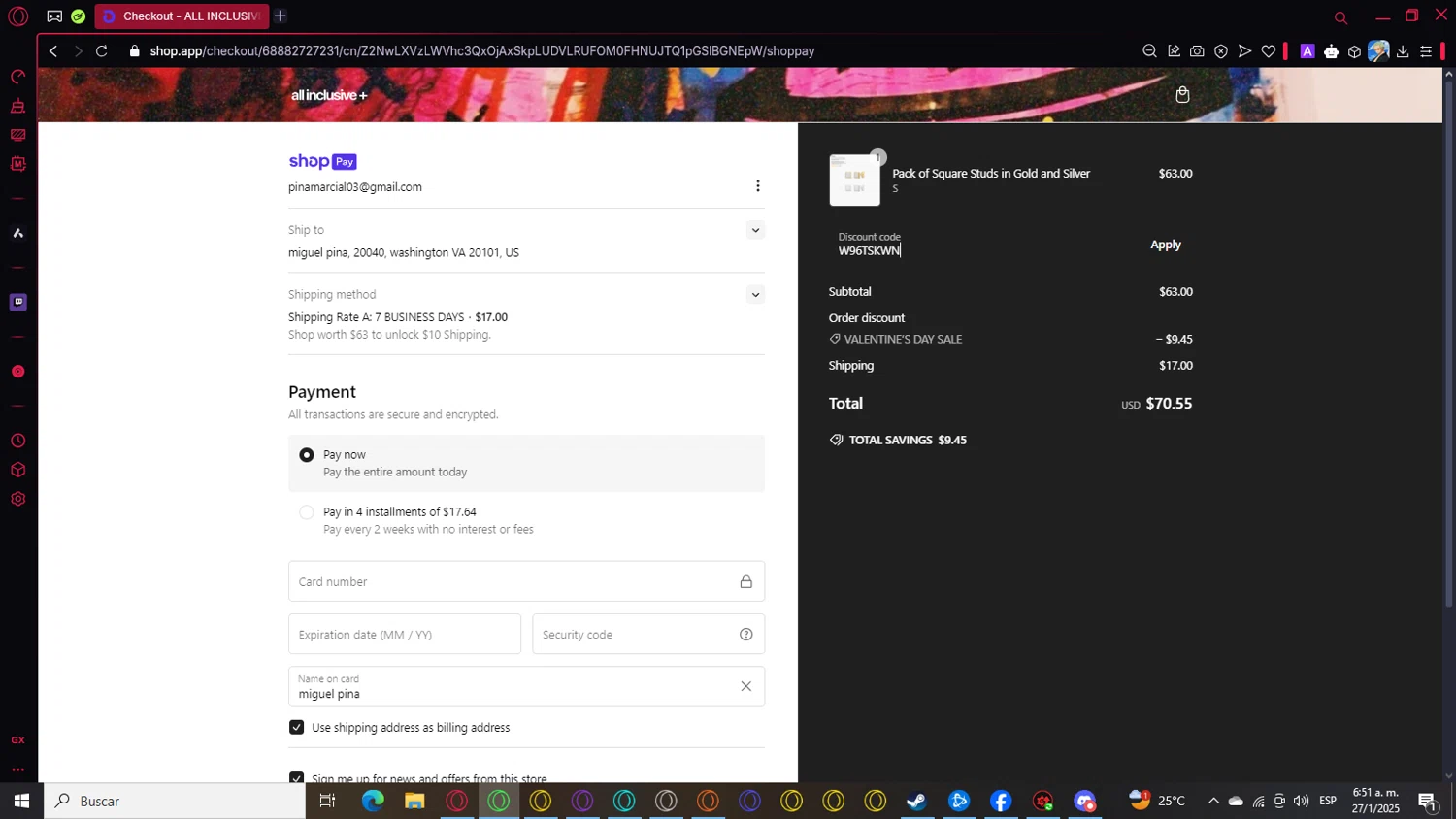 All Inclusive discount code screenshot showing code W96TSKWN applied at All Inclusive checkout page. Uploaded by SimplyCodes community member Roronoazoro on Jan 27, 2025