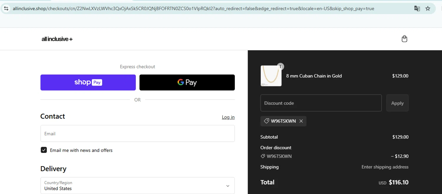 All Inclusive discount code screenshot showing code W96TSKWN applied at All Inclusive checkout page. Uploaded by SimplyCodes community member DiscountHero6788 on Mar 2, 2025