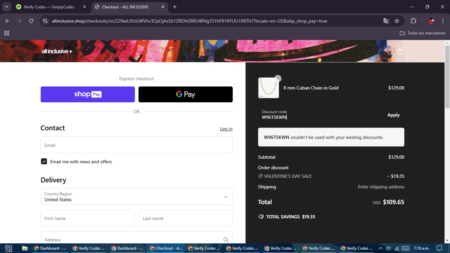 All Inclusive discount code screenshot showing code W96TSKWN applied at All Inclusive checkout page. Uploaded by SimplyCodes community member SavingsEagle5772 on Feb 25, 2025