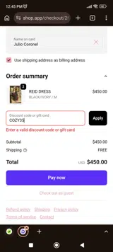 COZY35 coupon verification screenshot