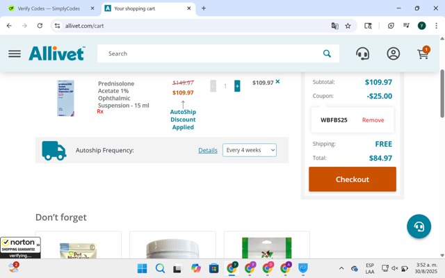 Allivet checkout page showing Allivet promo code box | Screenshot taken by SimplyCodes community member on Aug 30, 2025