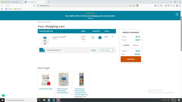 Allivet checkout page showing Allivet promo code box | Screenshot taken by SimplyCodes community member on Aug 31, 2025