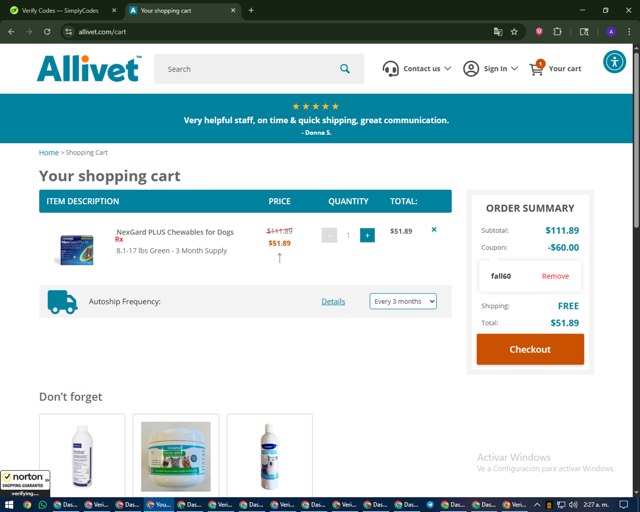 Allivet checkout page showing Allivet promo code box | Screenshot taken by SimplyCodes community member on Sep 7, 2025