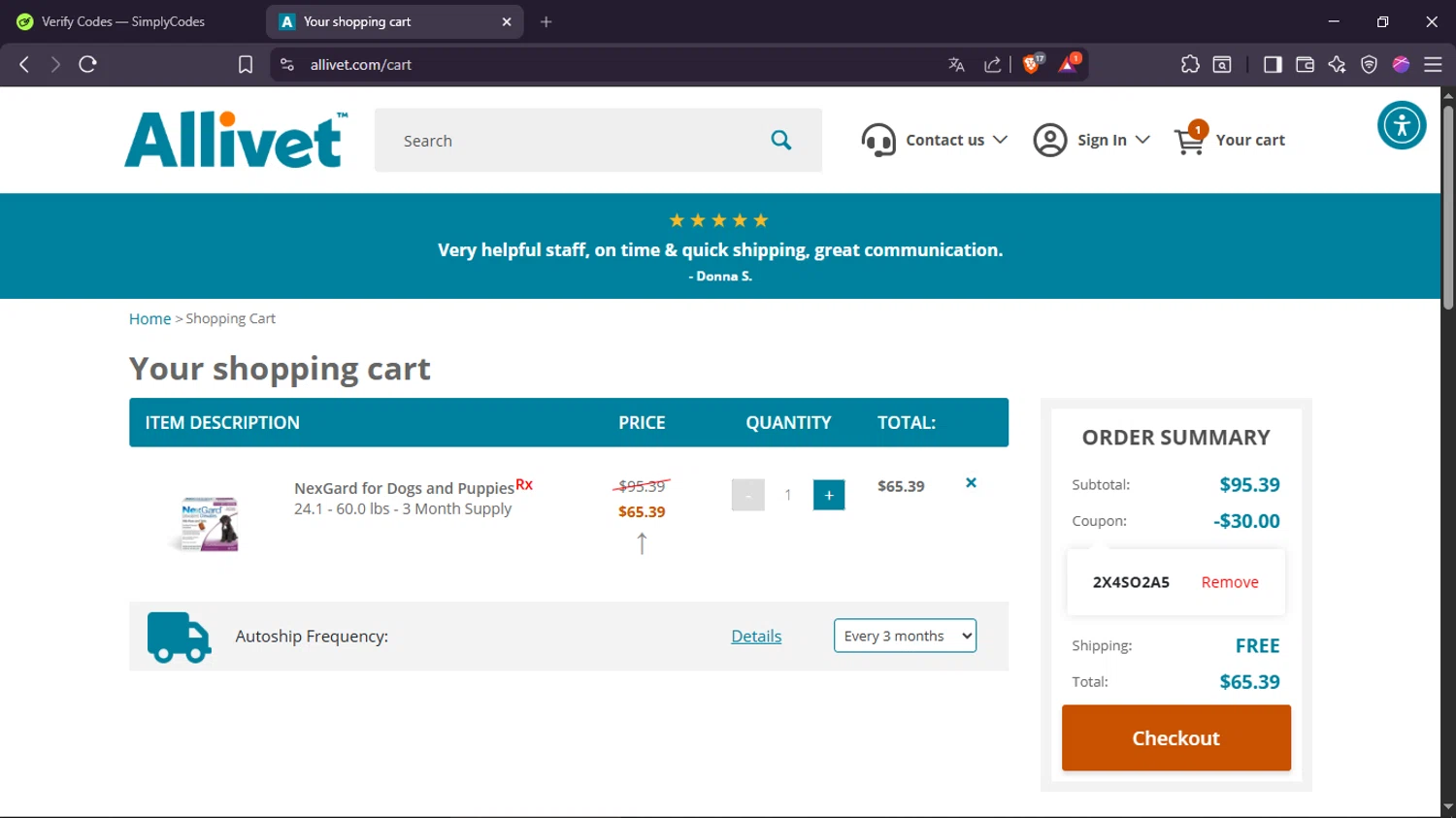 Allivet promo code screenshot showing code 2X4SO2A5 applied at Allivet checkout page. Uploaded by SimplyCodes community member ScanPhoenix3549 on Feb 6, 2026