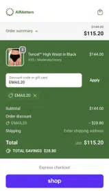 EMAIL20 coupon verification screenshot