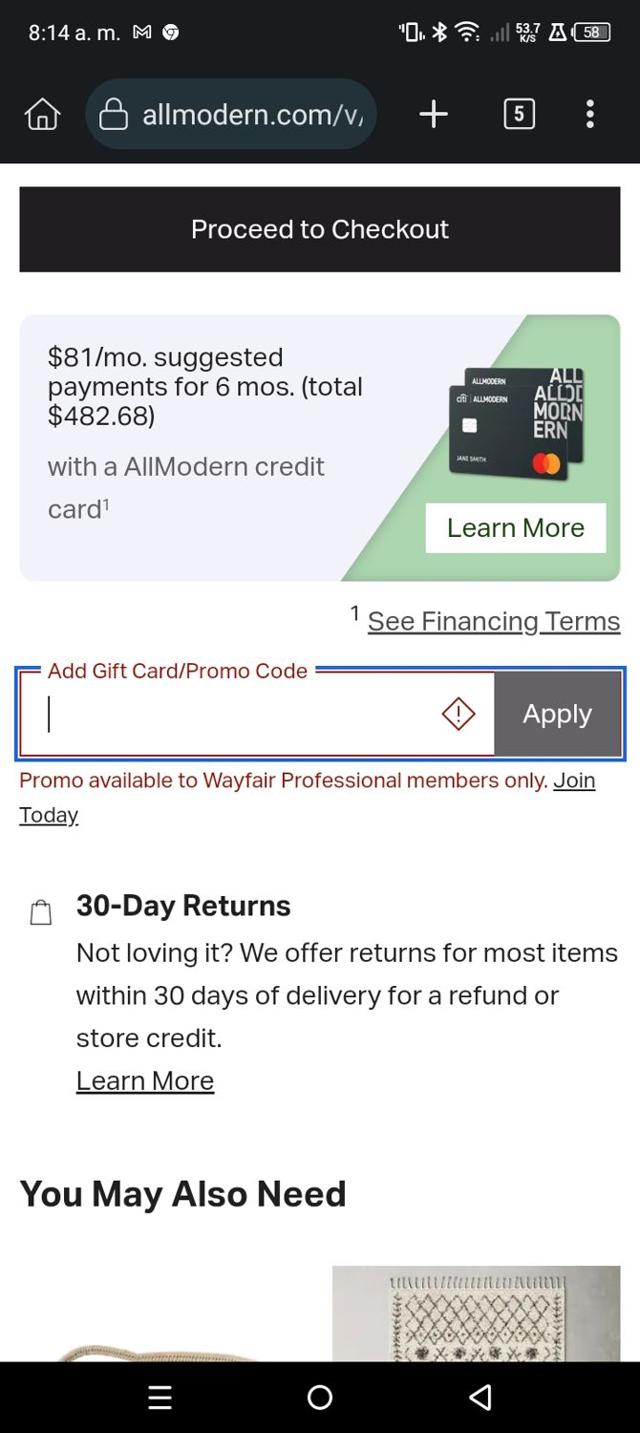 AllModern checkout page showing AllModern promo code box | Screenshot taken by SimplyCodes community member on Nov 15, 2024