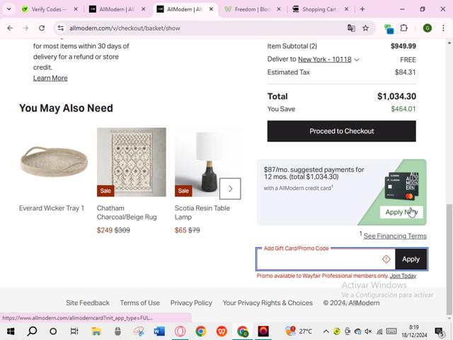 AllModern checkout page showing AllModern promo code box | Screenshot taken by SimplyCodes community member on Dec 18, 2024