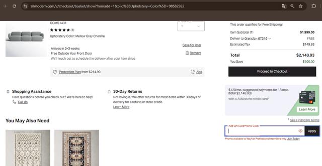 AllModern checkout page showing AllModern promo code box | Screenshot taken by SimplyCodes community member on Nov 4, 2024