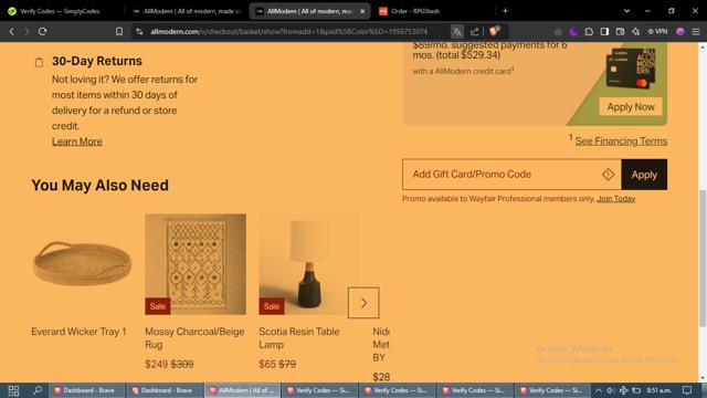 AllModern checkout page showing AllModern promo code box | Screenshot taken by SimplyCodes community member on Dec 29, 2024