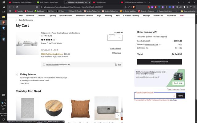 AllModern checkout page showing AllModern promo code box | Screenshot taken by SimplyCodes community member on May 9, 2025