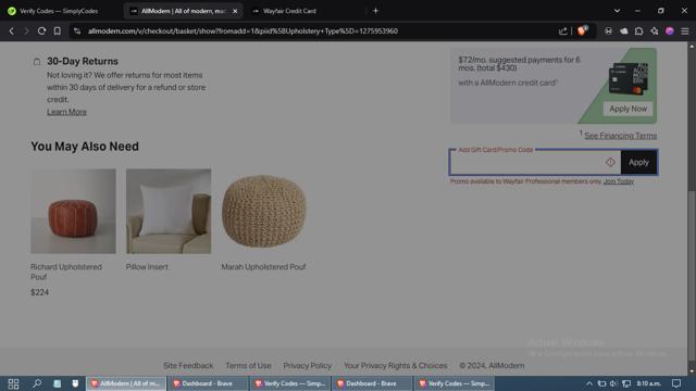 AllModern checkout page showing AllModern promo code box | Screenshot taken by SimplyCodes community member on Nov 23, 2024
