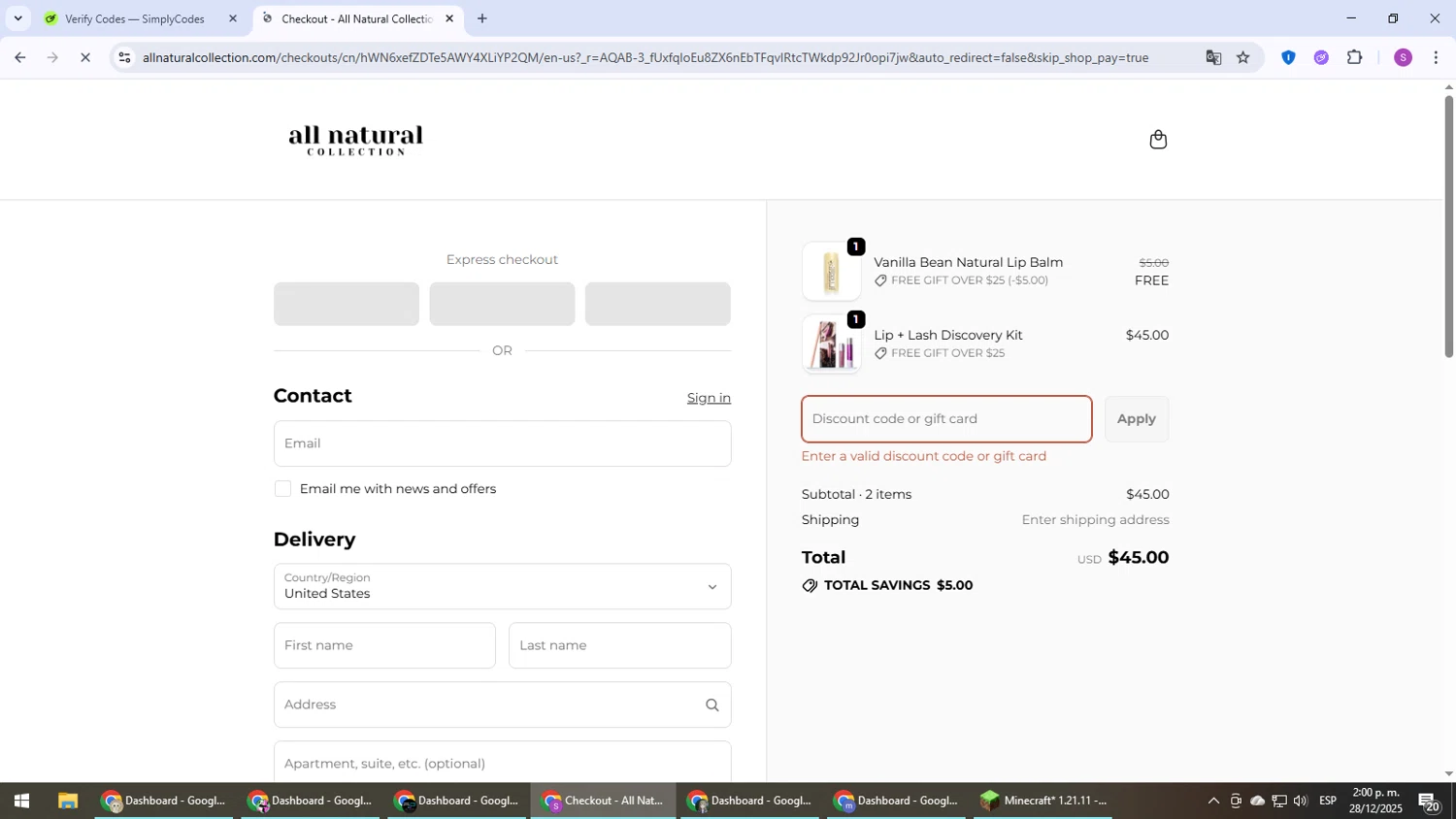 All Natural Collection promo code screenshot showing code WELCOME10 applied at All Natural Collection checkout page. Uploaded by SimplyCodes community member Son_Goku on Dec 28, 2025