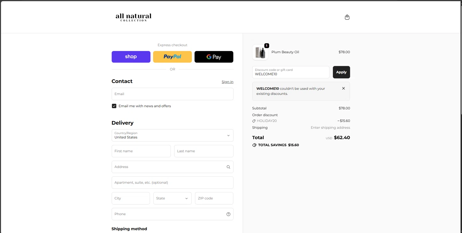 All Natural Collection promo code screenshot showing code WELCOME10 applied at All Natural Collection checkout page. Uploaded by SimplyCodes community member Underaiki on Nov 25, 2025
