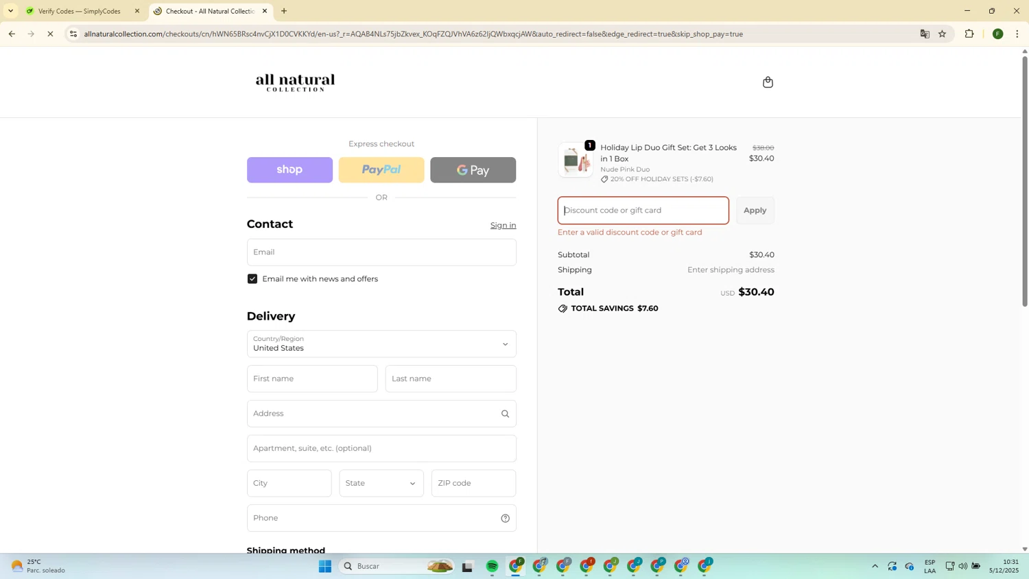 All Natural Collection promo code screenshot showing code Holiday20 applied at All Natural Collection checkout page. Uploaded by SimplyCodes community member MoneyPro9023 on Dec 5, 2025