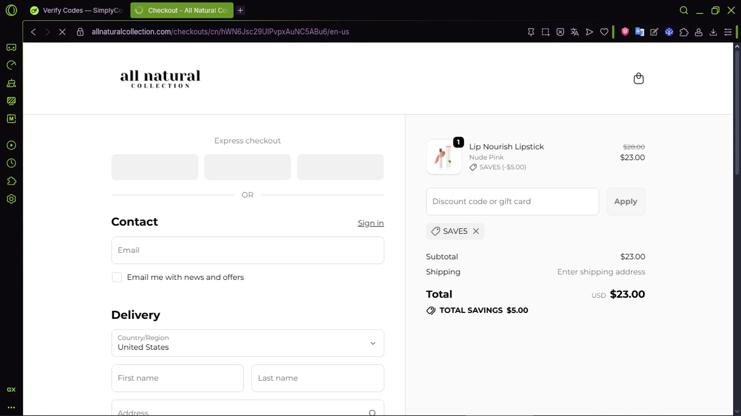 All Natural Collection promo code screenshot showing code SAVE5 applied at All Natural Collection checkout page. Uploaded by SimplyCodes community member CleverMaven2889 on Dec 11, 2025