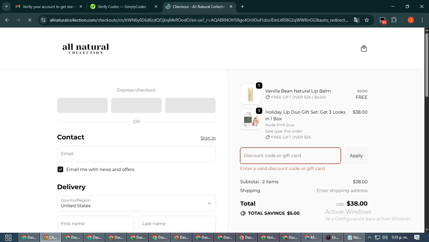 All Natural Collection promo code screenshot showing code LIPTREAT applied at All Natural Collection checkout page. Uploaded by SimplyCodes community member NobleAce2304 on Dec 28, 2025