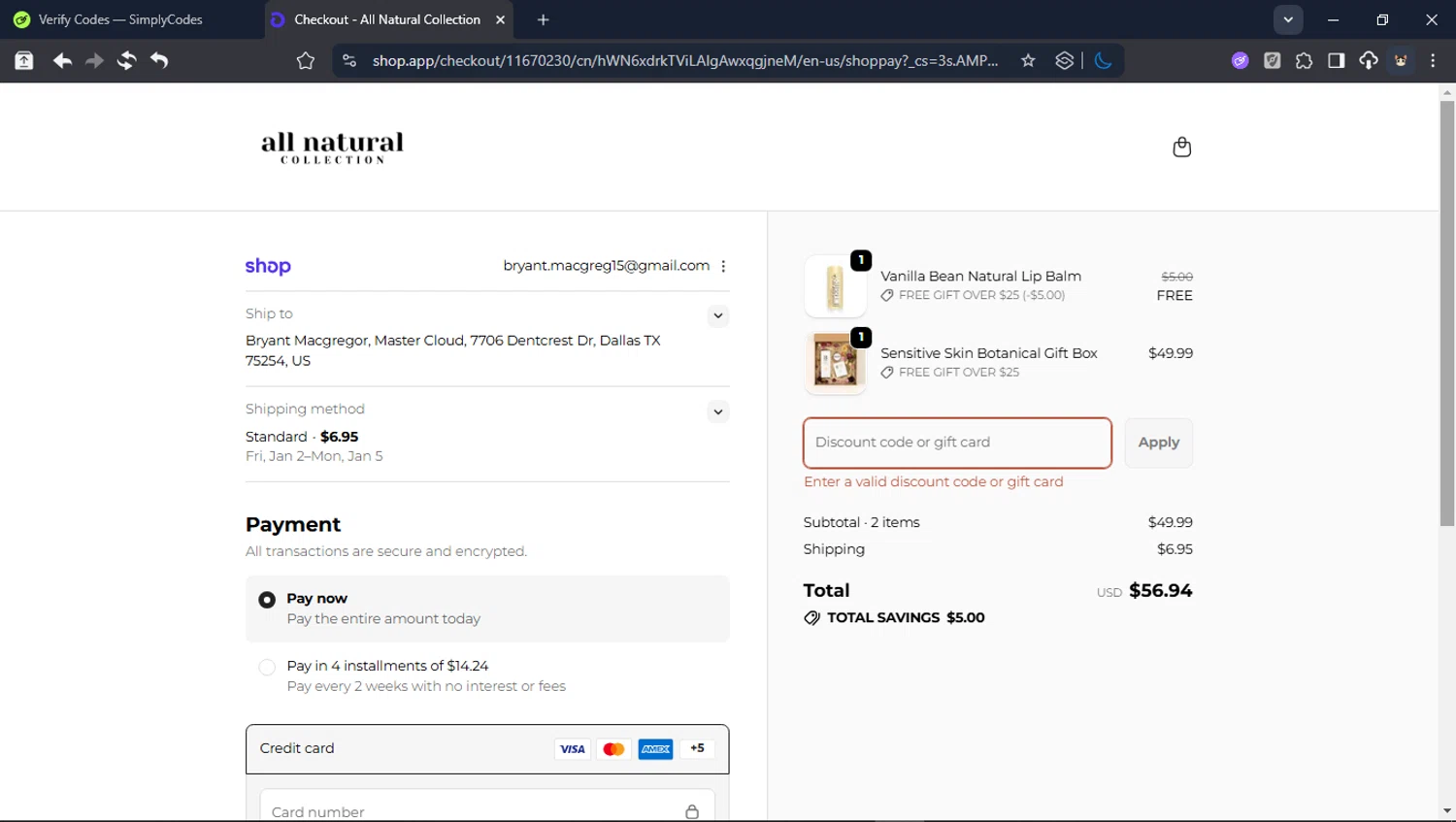 All Natural Collection promo code screenshot showing code LIPTREAT applied at All Natural Collection checkout page. Uploaded by SimplyCodes community member ValiantHunter5929 on Dec 28, 2025