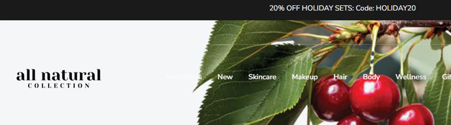 All Natural Collection promo code screenshot showing code HOLIDAY20 applied at All Natural Collection checkout page. Uploaded by SimplyCodes community member aumentadax10 on Dec 8, 2025