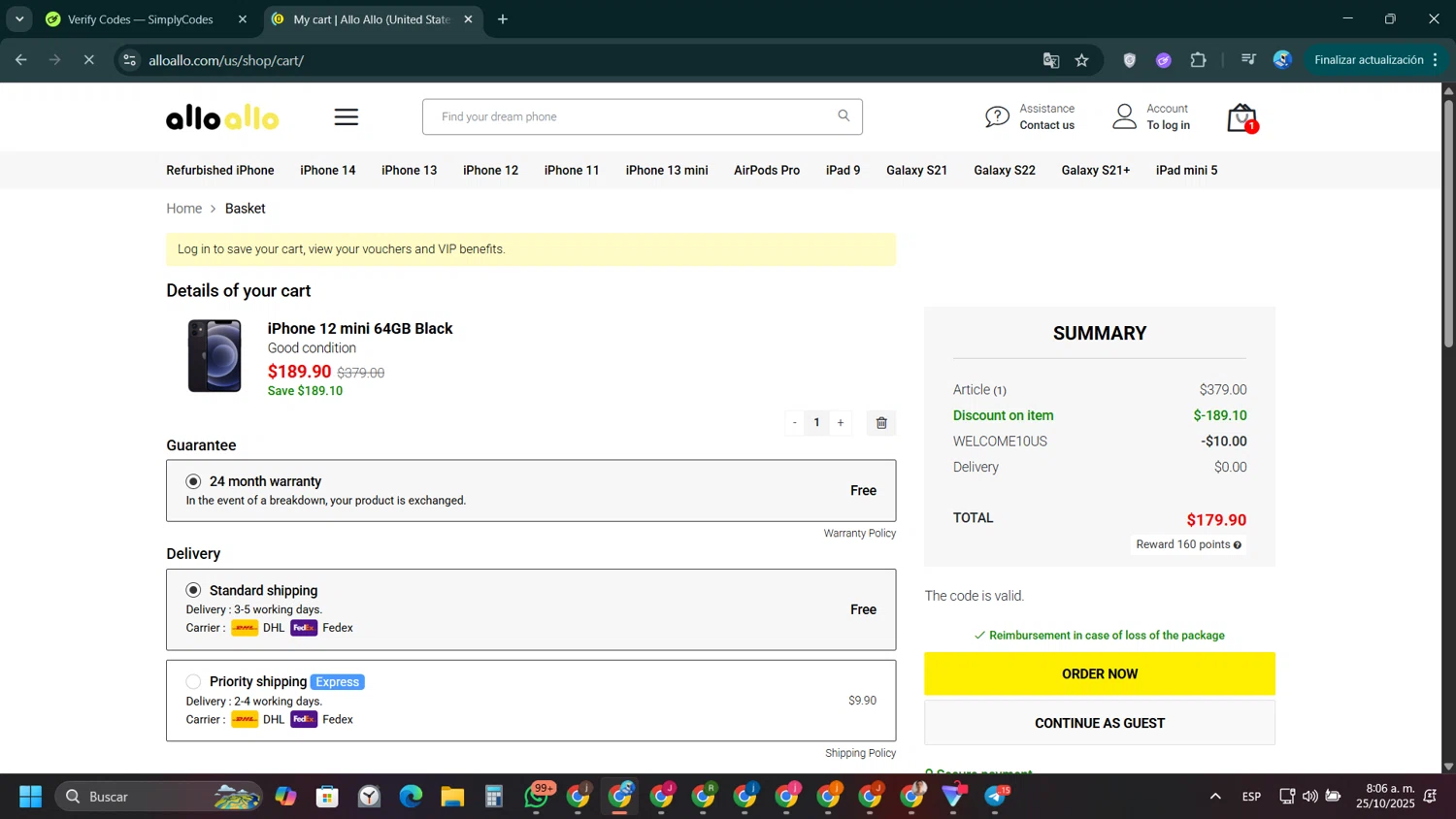 Allo Allo promo code screenshot showing code WELCOME10US applied at Allo Allo checkout page. Uploaded by SimplyCodes community member VictoriousPioneer4638 on Oct 25, 2025