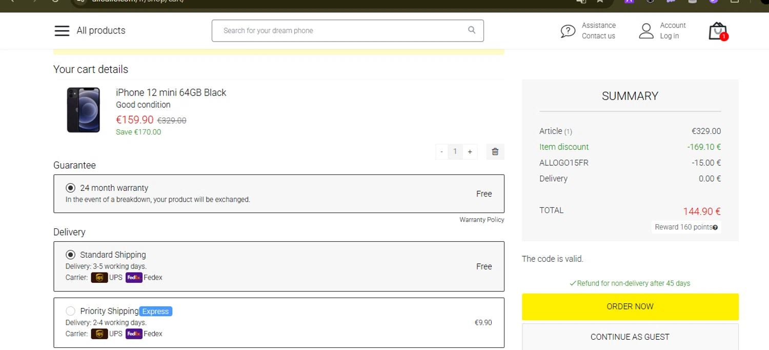 Allo Allo promo code screenshot showing code ALLOGO15FR applied at Allo Allo checkout page. Uploaded by SimplyCodes community member SilverMonarch6357 on Oct 18, 2025