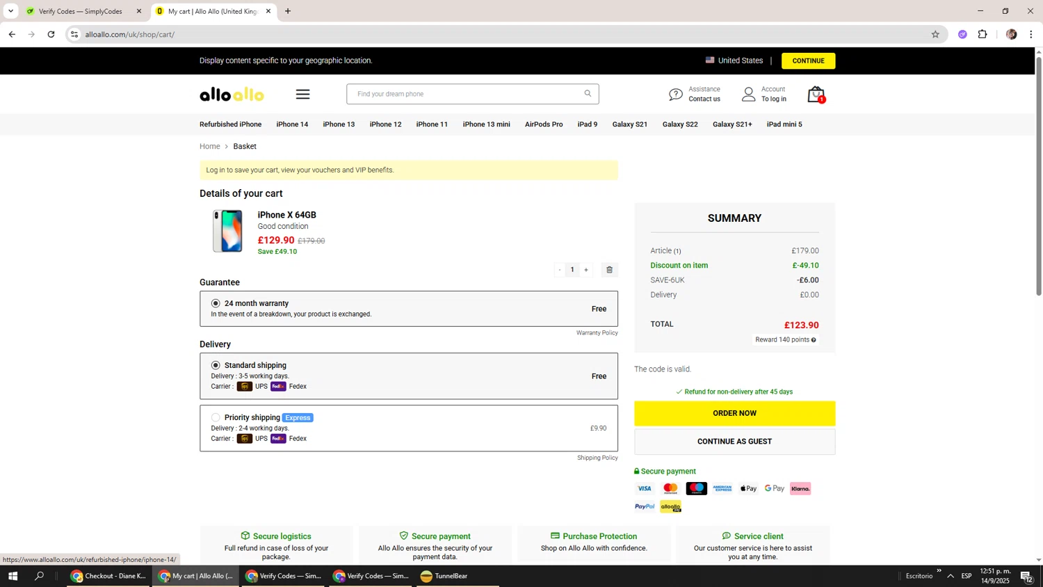 Allo Allo promo code screenshot showing code SAVE-6UK applied at Allo Allo checkout page. Uploaded by SimplyCodes community member Levi_Ackerman on Sep 14, 2025