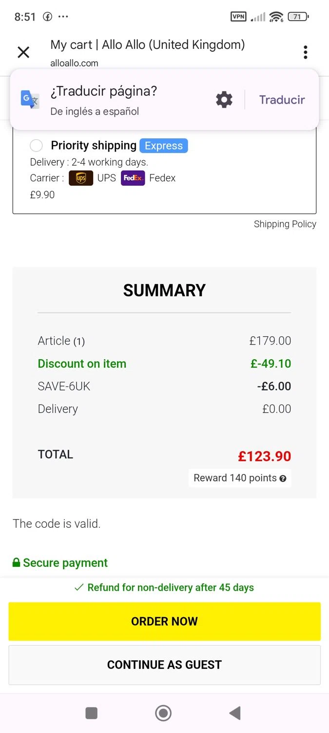 Allo Allo promo code screenshot showing code SAVE-6UK applied at Allo Allo checkout page. Uploaded by SimplyCodes community member ShieldWhiz4659 on Oct 13, 2025