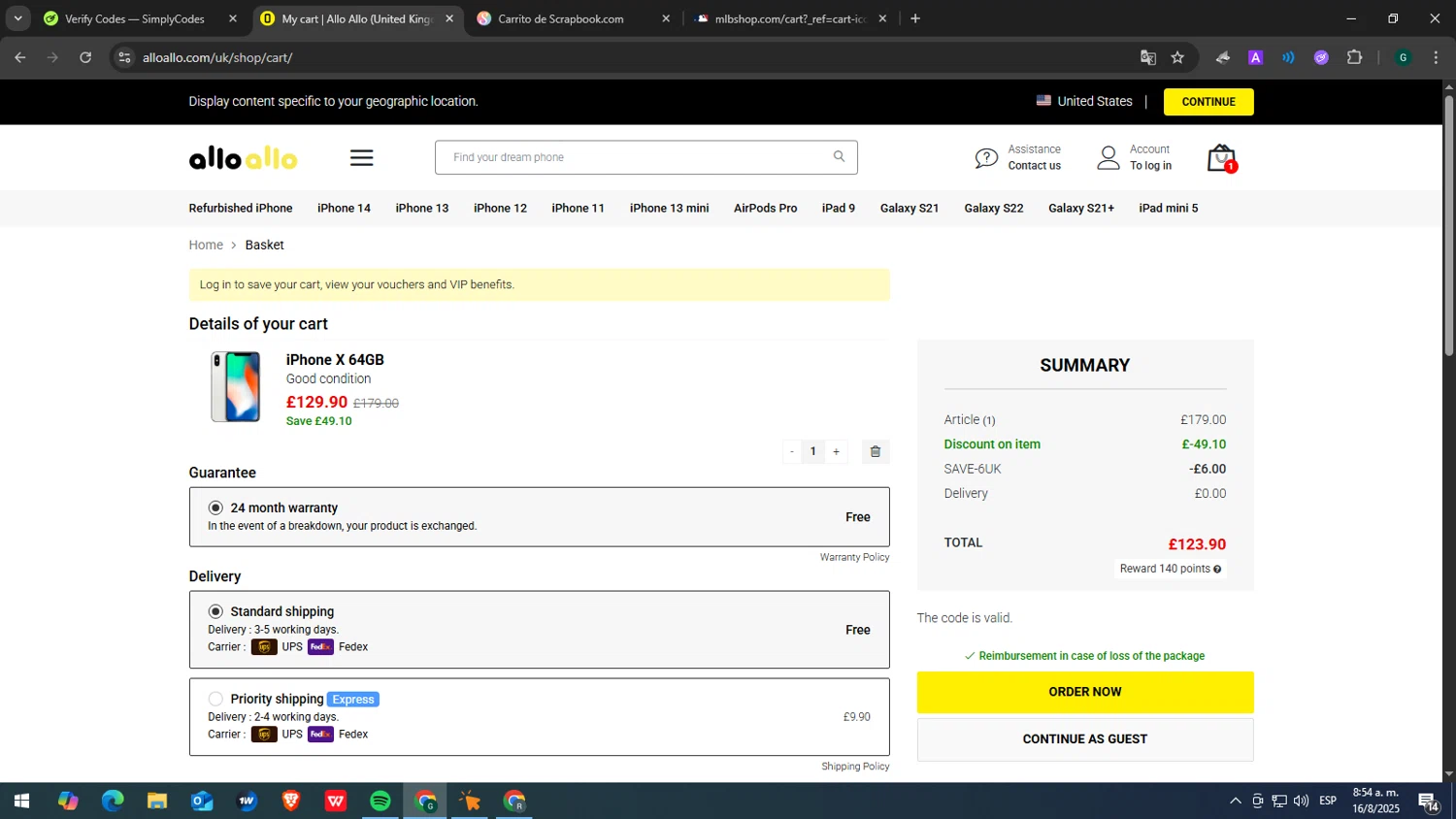 Allo Allo promo code screenshot showing code SAVE-6UK applied at Allo Allo checkout page. Uploaded by SimplyCodes community member yasabesssss on Aug 16, 2025