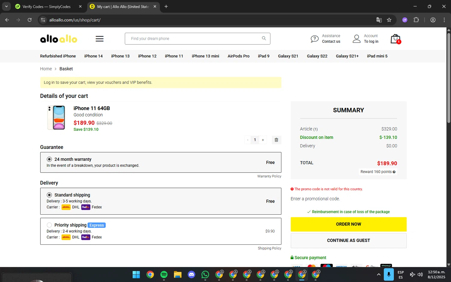 Allo Allo promo code screenshot showing code WIN10-FR applied at Allo Allo checkout page. Uploaded by SimplyCodes community member BATMANJA on Dec 8, 2025