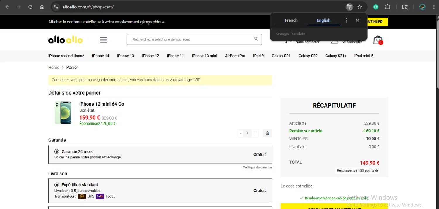 Allo Allo promo code screenshot showing code WIN10-FR applied at Allo Allo checkout page. Uploaded by SimplyCodes community member giselmarstephanny on Dec 8, 2025