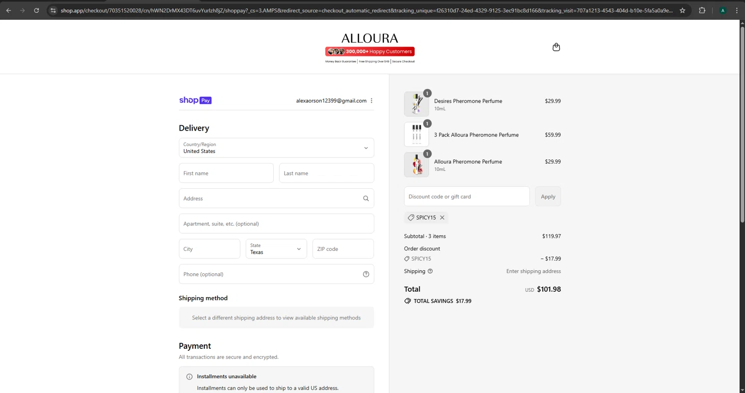 Alloura discount code screenshot showing code spicy15 applied at Alloura checkout page. Uploaded by SimplyCodes community member CoinGuardian4017 on Aug 25, 2025