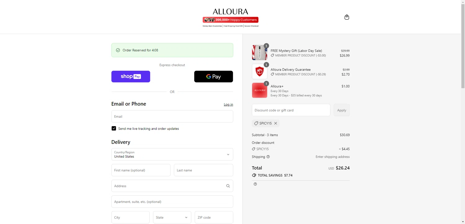 Alloura discount code screenshot showing code spicy15 applied at Alloura checkout page. Uploaded by SimplyCodes community member ValiantAce1810 on Aug 25, 2025