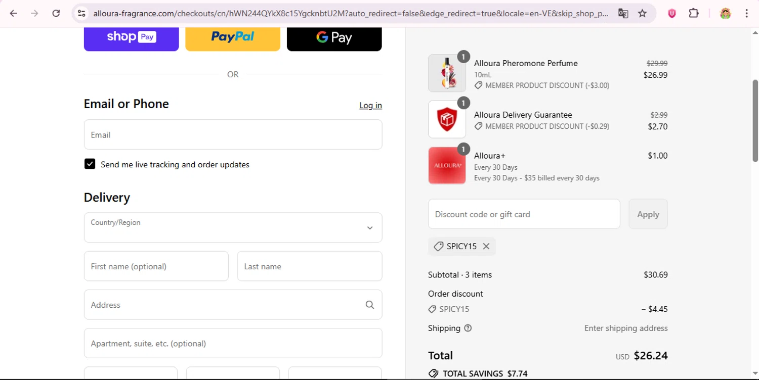 Alloura discount code screenshot showing code spicy15 applied at Alloura checkout page. Uploaded by SimplyCodes community member laurachirinos on Aug 21, 2025