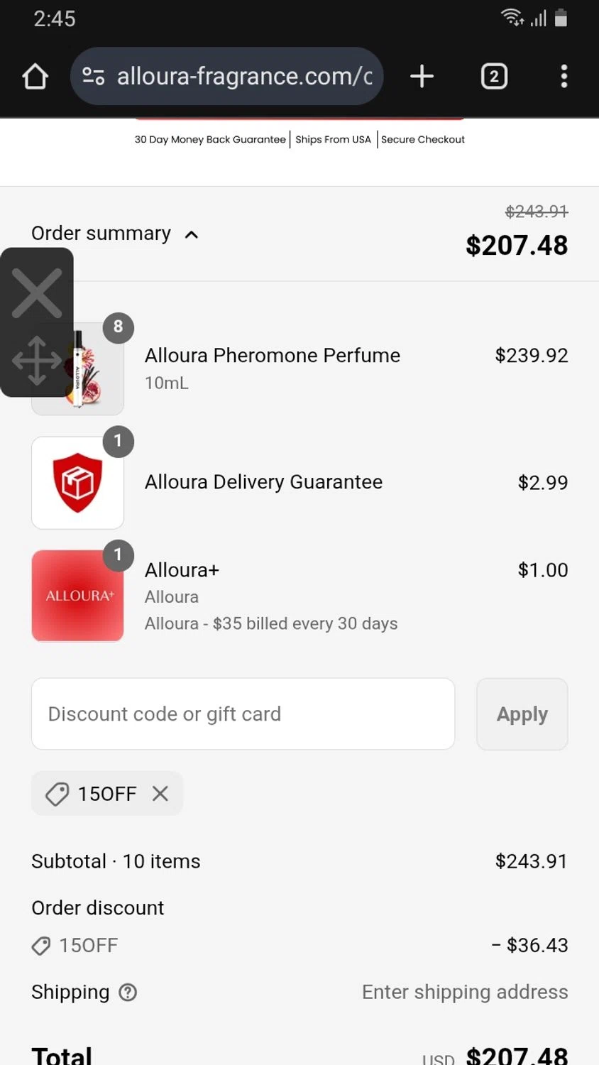 Alloura discount code screenshot showing code 15OFF applied at Alloura checkout page. Uploaded by SimplyCodes community member Rafita on Sep 3, 2025