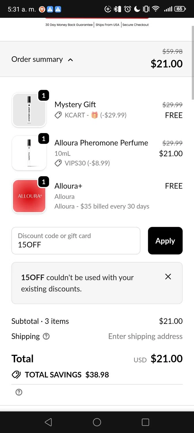 Alloura discount code screenshot showing code 15OFF applied at Alloura checkout page. Uploaded by SimplyCodes community member Vivachavez on Nov 22, 2025