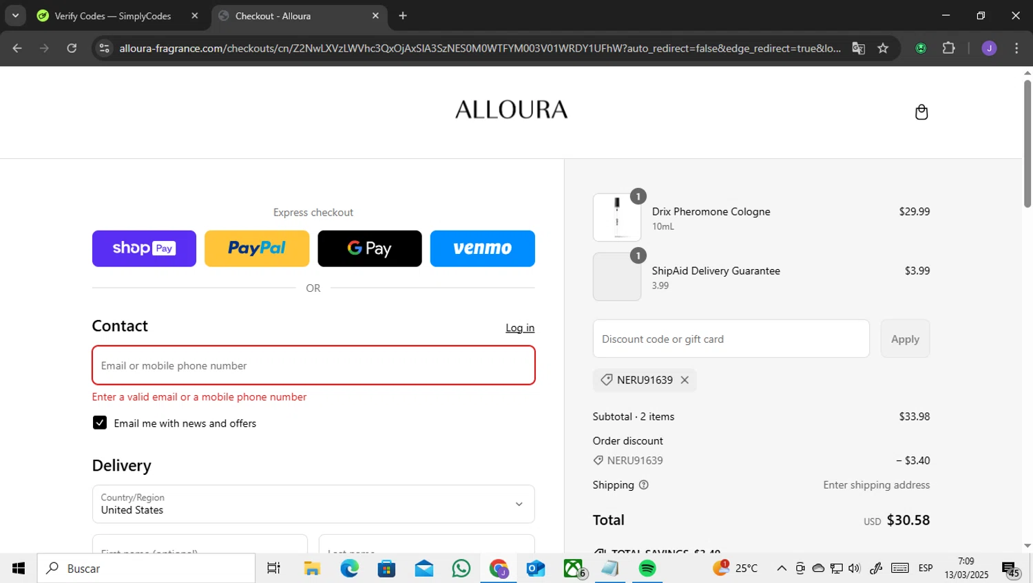 Alloura discount code screenshot showing code NERU91639 applied at Alloura checkout page. Uploaded by SimplyCodes community member ENCARAMESSI on Mar 13, 2025
