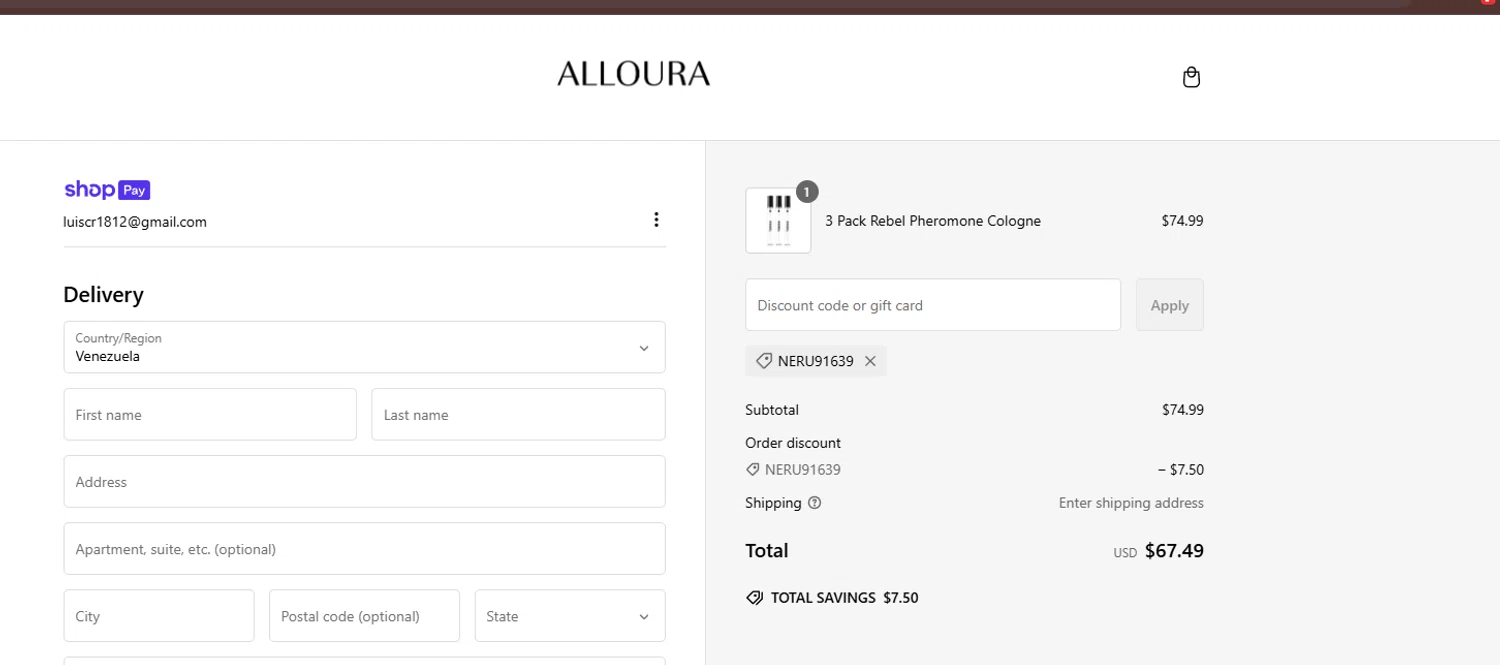 Alloura discount code screenshot showing code NERU91639 applied at Alloura checkout page. Uploaded by SimplyCodes community member CashMonarch1137 on Feb 12, 2025