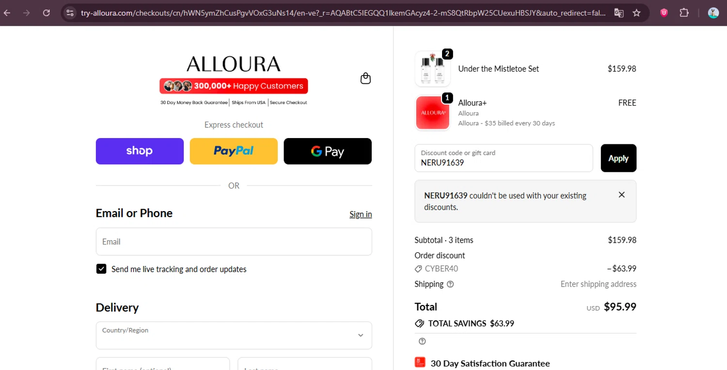 Alloura discount code screenshot showing code NERU91639 applied at Alloura checkout page. Uploaded by SimplyCodes community member elgatobravo on Dec 2, 2025