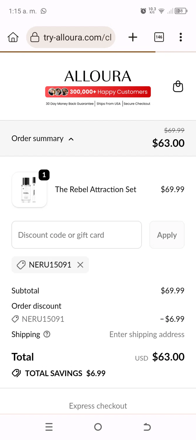 Alloura discount code screenshot showing code NERU15091 applied at Alloura checkout page. Uploaded by SimplyCodes community member Typer19 on Dec 14, 2025