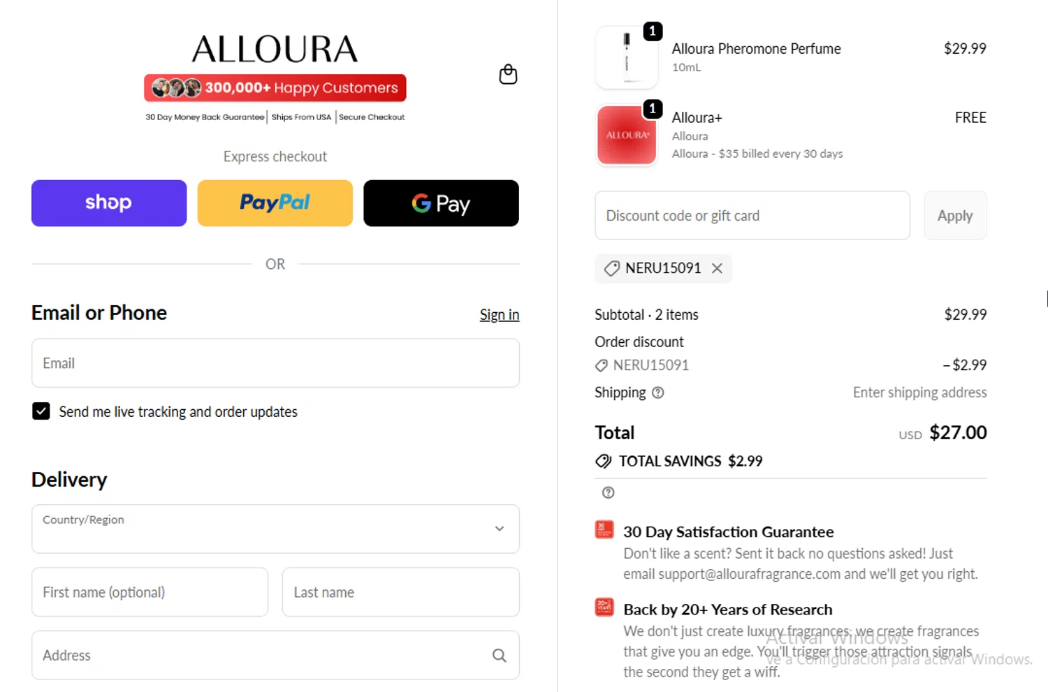 Alloura discount code screenshot showing code NERU15091 applied at Alloura checkout page. Uploaded by SimplyCodes community member WonderW on Nov 17, 2025