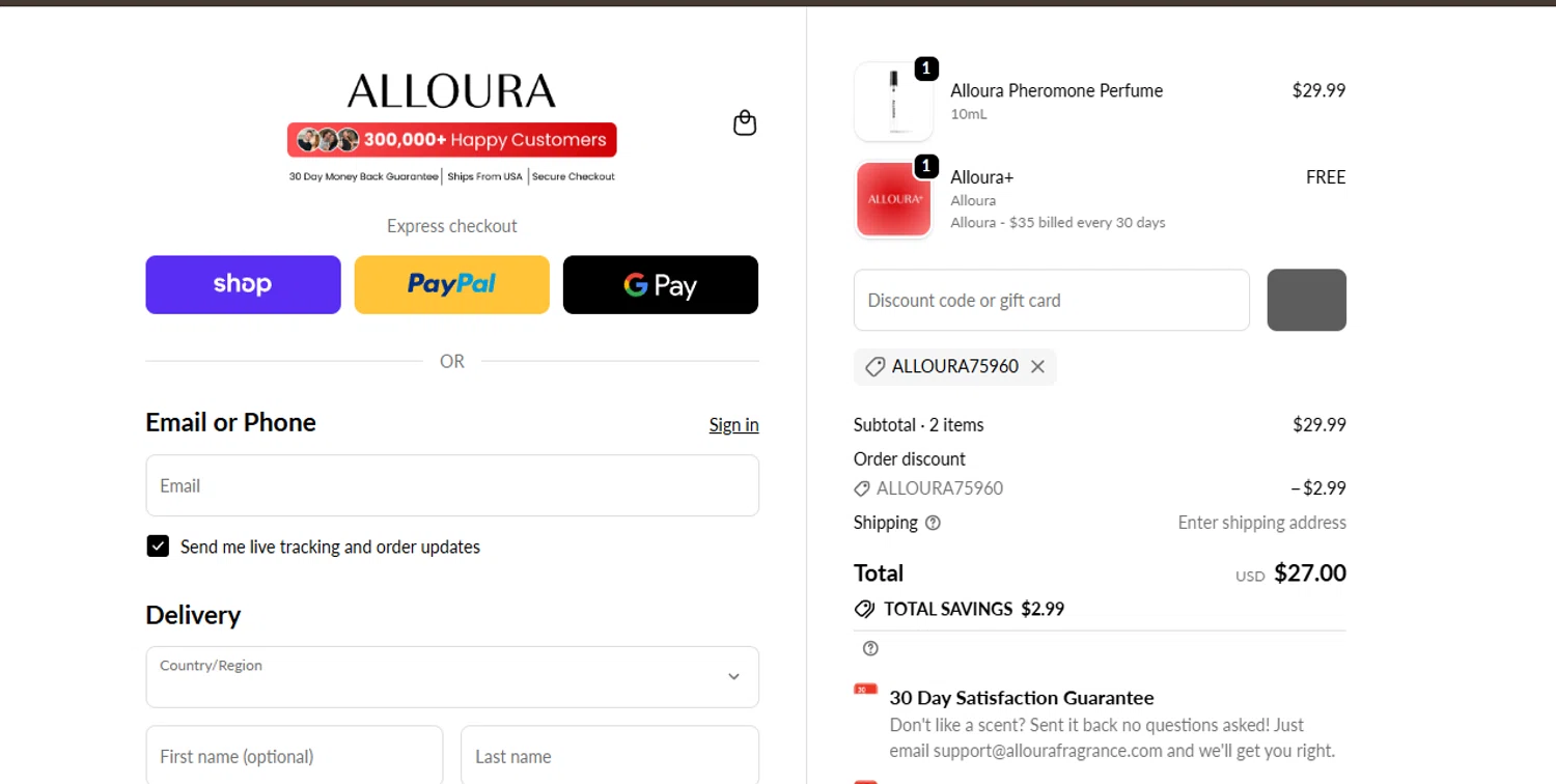 Alloura discount code screenshot showing code ALLOURA75960 applied at Alloura checkout page. Uploaded by SimplyCodes community member LuckyTracker4658 on Oct 28, 2025