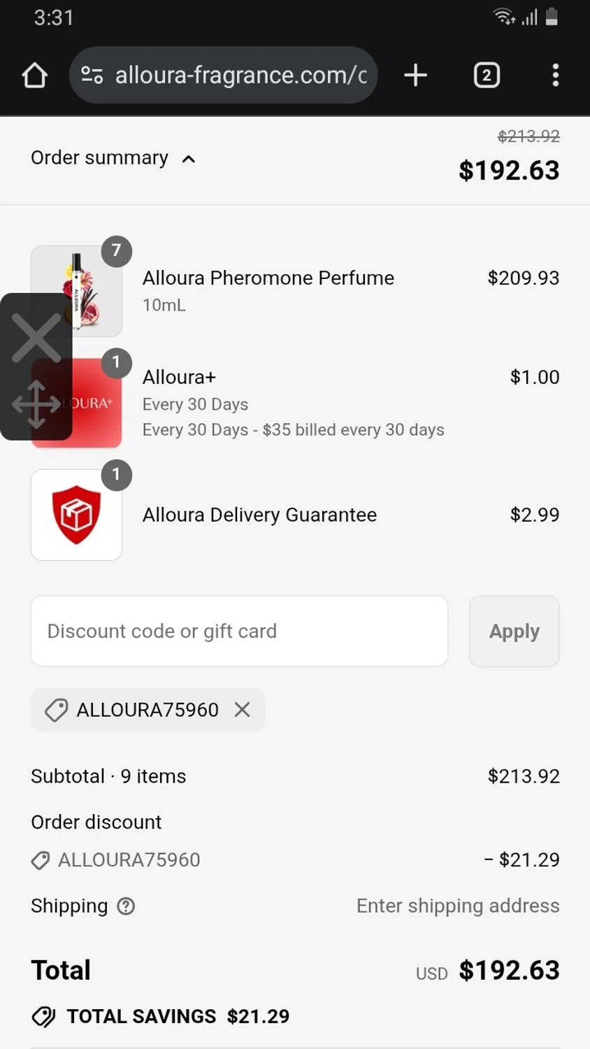 Alloura discount code screenshot showing code ALLOURA75960 applied at Alloura checkout page. Uploaded by SimplyCodes community member Rafita on Aug 30, 2025