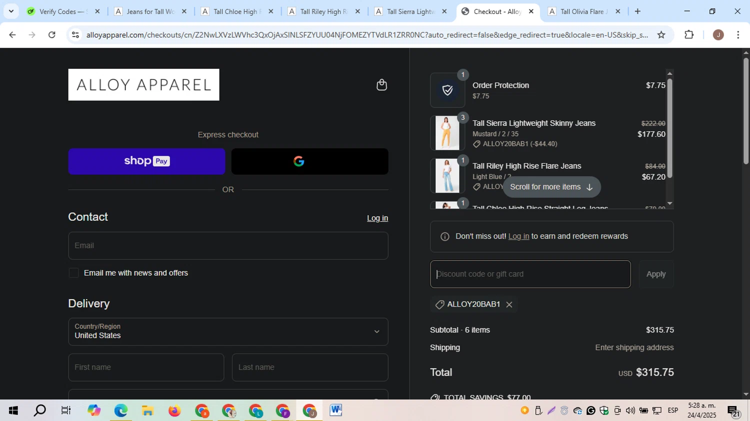 Alloy Apparel coupon code screenshot showing code ALLOY20BAB1 applied at Alloy Apparel checkout page. Uploaded by SimplyCodes community member ThriftyMaestro188 on Apr 24, 2025
