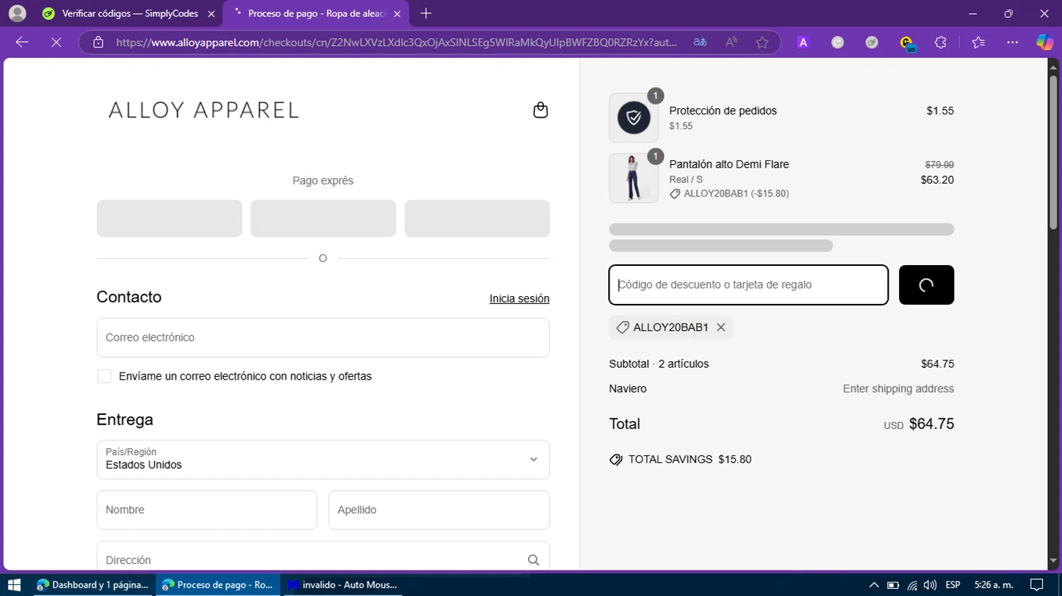 Alloy Apparel coupon code screenshot showing code ALLOY20BAB1 applied at Alloy Apparel checkout page. Uploaded by SimplyCodes community member BargainFox507 on Apr 24, 2025