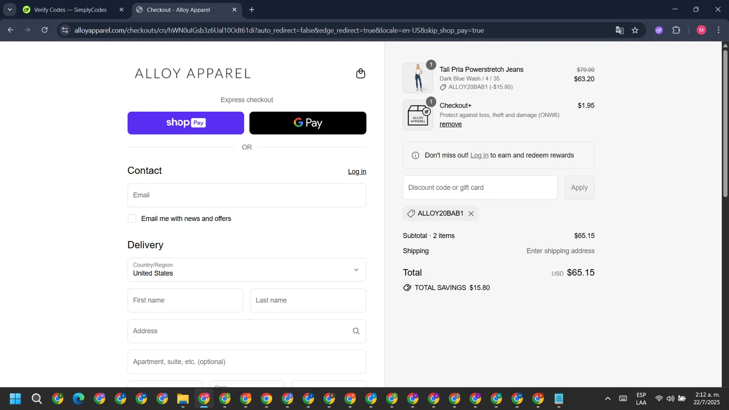 Alloy Apparel coupon code screenshot showing code ALLOY20BAB1 applied at Alloy Apparel checkout page. Uploaded by SimplyCodes community member ValueCollector4159 on Jul 22, 2025