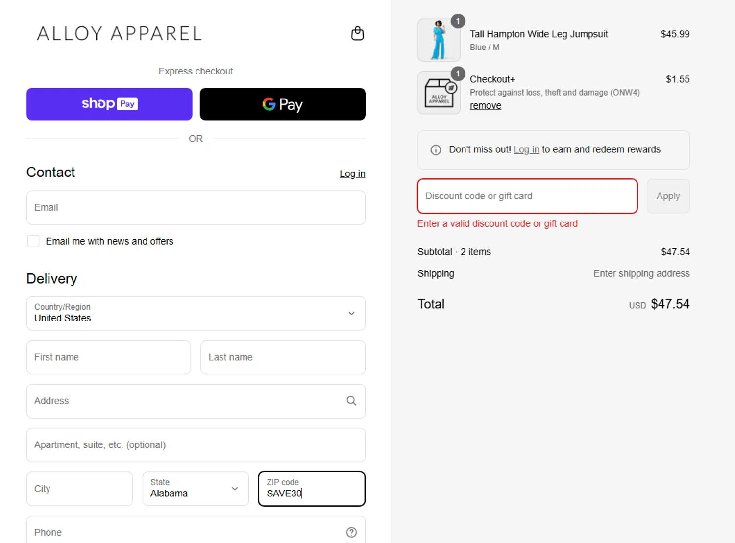 Alloy Apparel coupon code screenshot showing code SAVE30 applied at Alloy Apparel checkout page. Uploaded by SimplyCodes community member VoucherSage1271 on Aug 25, 2025